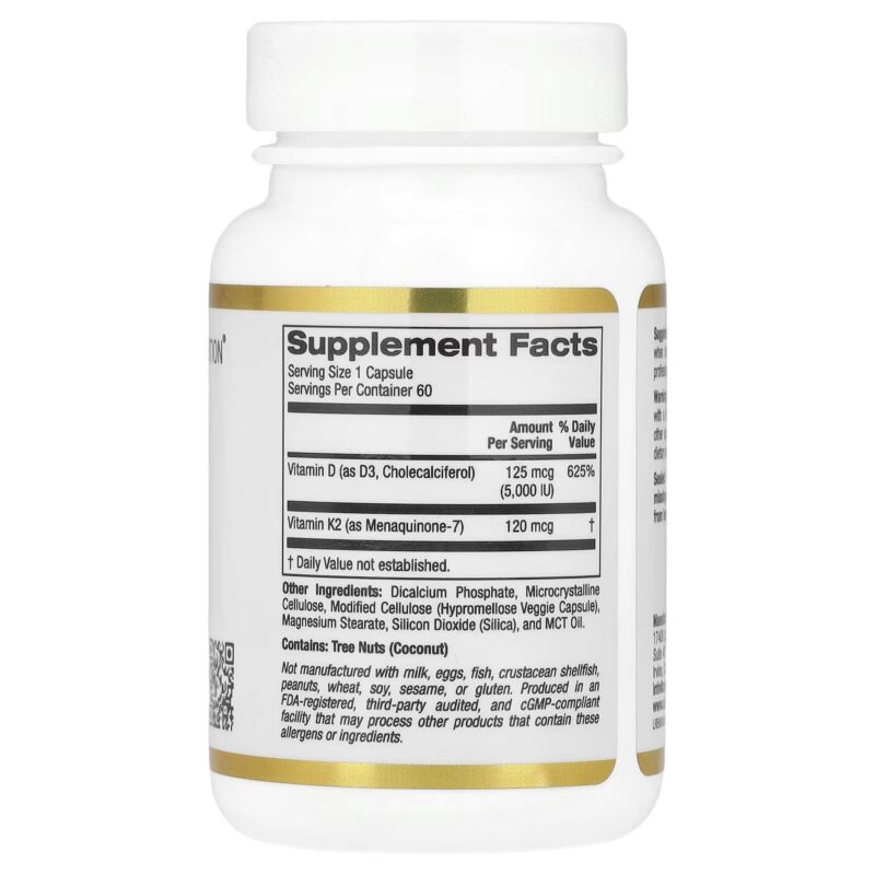 California Gold Nutrition, Vitamin D3 + K2, 60 Veggie Capsules - Image 2